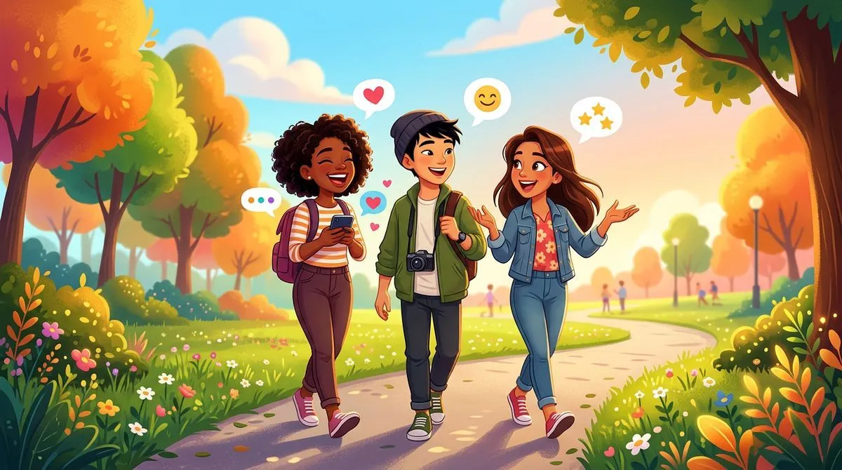 公園を歩きながら楽しく会話する友達のイラスト