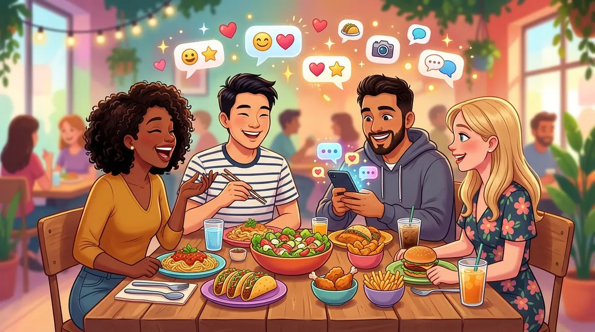 カフェで友達と食事を楽しんでいるイラスト