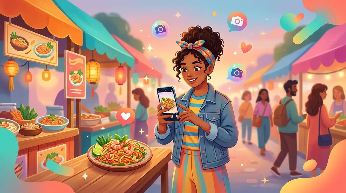 スマホで料理の写真を撮っている人のイラスト