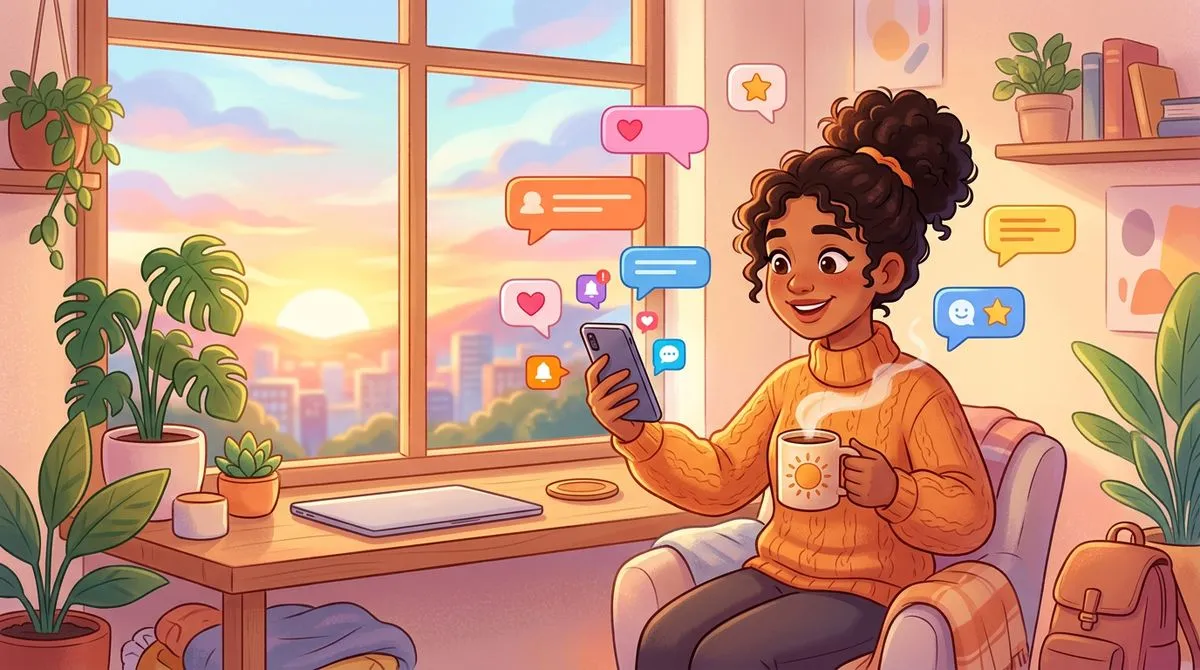 朝日の中スマホで朝の挨拶メッセージを送る人のイラスト