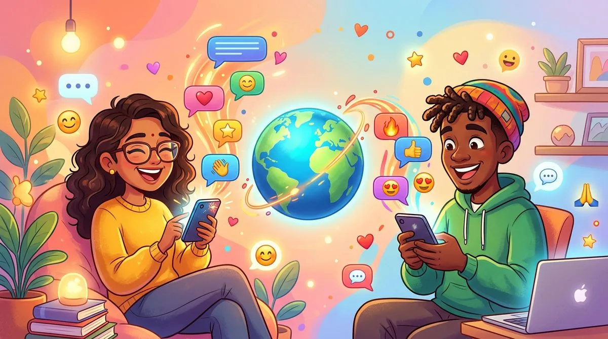 異なる文化の人たちがスマートフォンで絵文字を通じてつながるイラスト