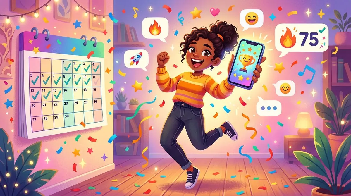 カレンダーにチェックマークが積み重なり達成感を感じている人のイラスト