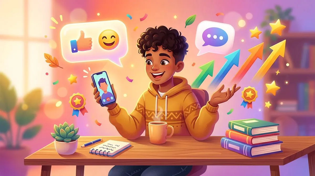 スマートフォンで英語チャットをしながら積極的に練習している人のイラスト