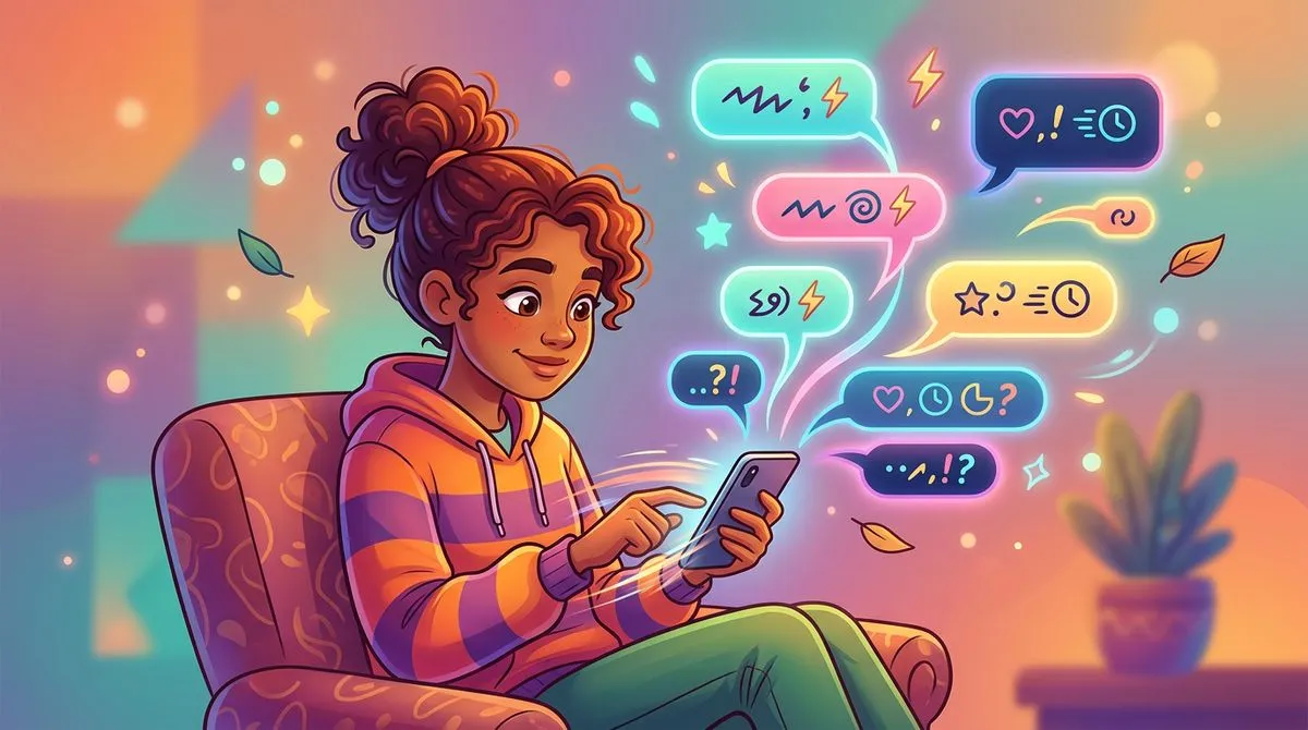 スマホ画面の暗号のような略語を解読している人のイラスト