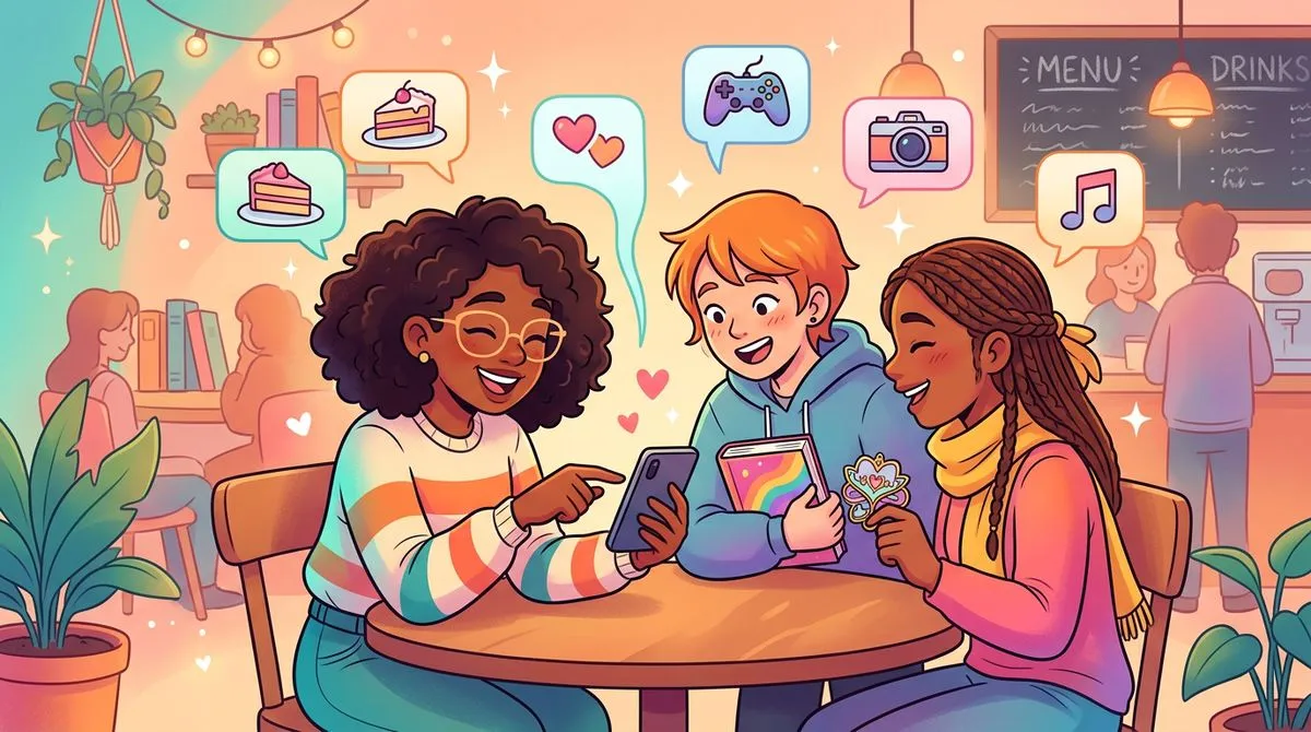 友達と好きなものをシェアしているイラスト