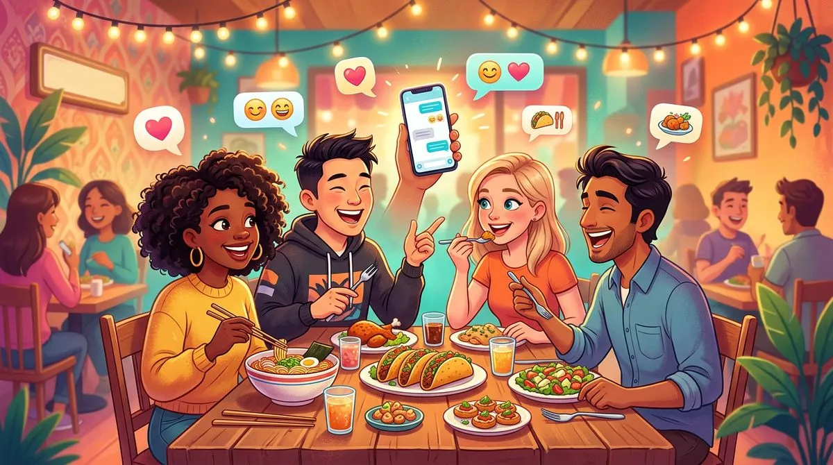 推しのレストランで食事を楽しむ友達のイラスト