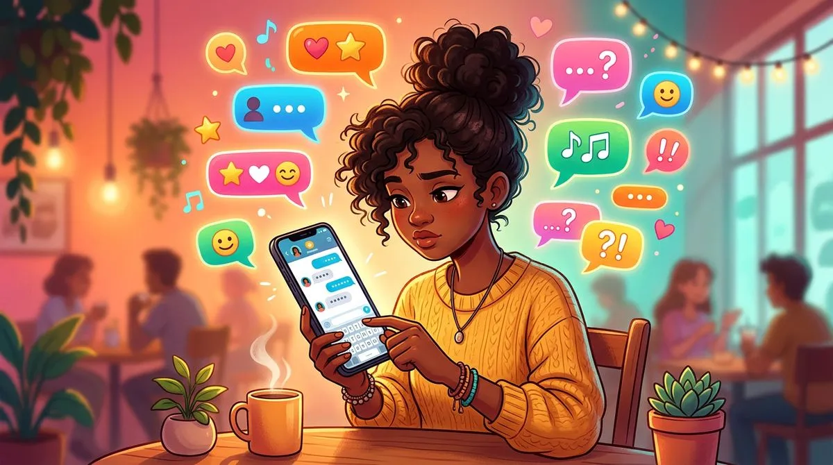 スマホで言葉を選びながら打ち込む人のイラスト