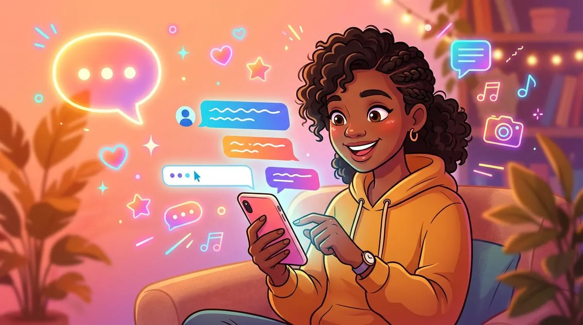 スマートフォンのチャット画面を覗き込む若者のイラスト