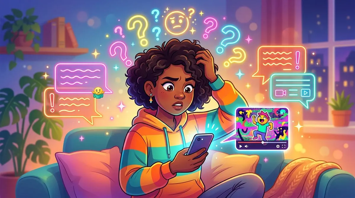 TikTokを見て困惑している若者のイラスト