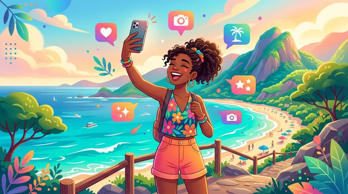 旅の思い出を友達に写真で見せているシーンのイラスト