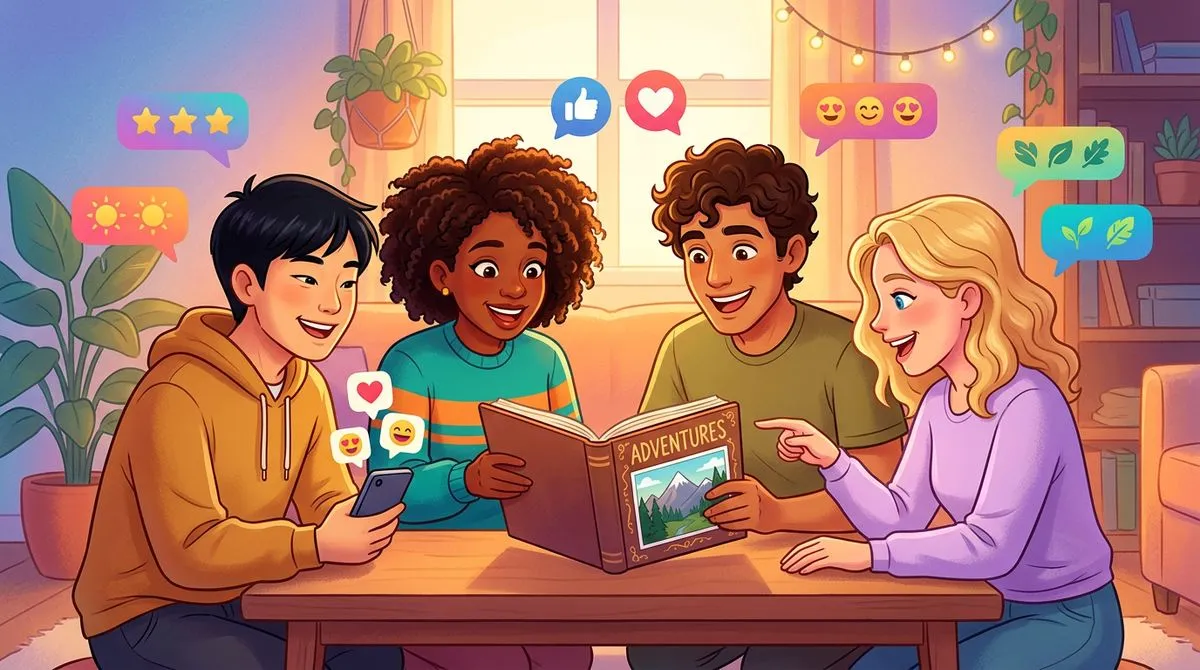 友達とアルバムを囲んで旅の思い出を振り返るシーンのイラスト