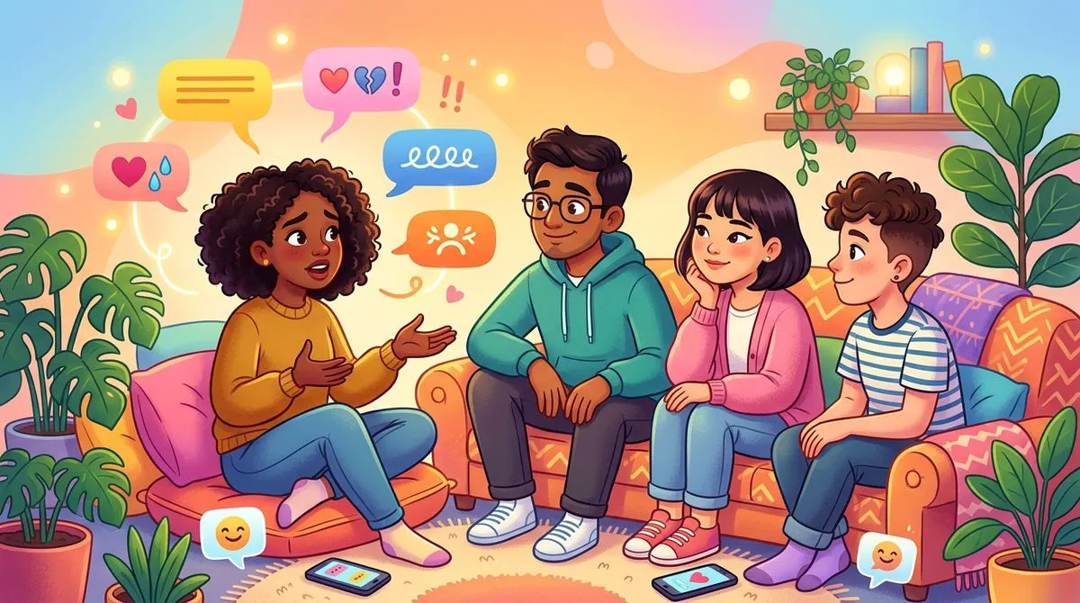 スマホでメッセージを打ちながら愚痴を発散する人のイラスト