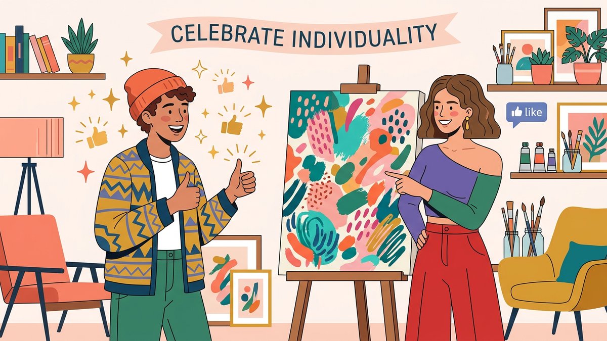 友達の個性やセンスをほめるシーンのイラスト