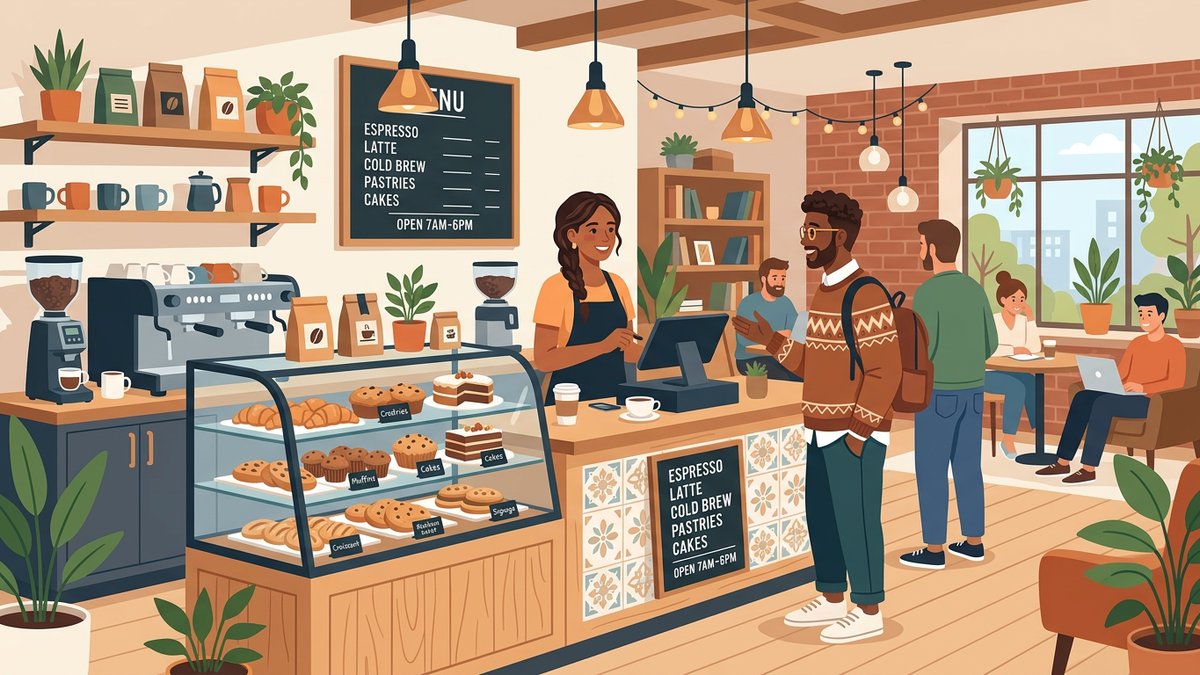 おしゃれなカフェで注文するシーンのイラスト