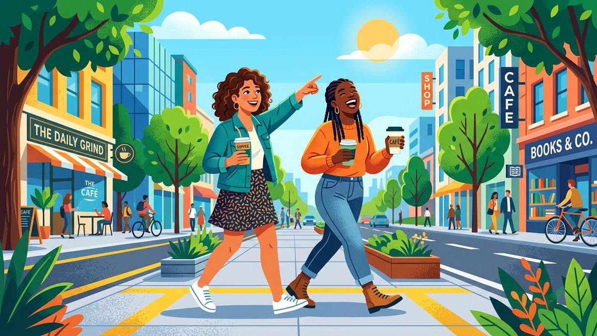 友達と楽しくお出かけするシーンのイラスト